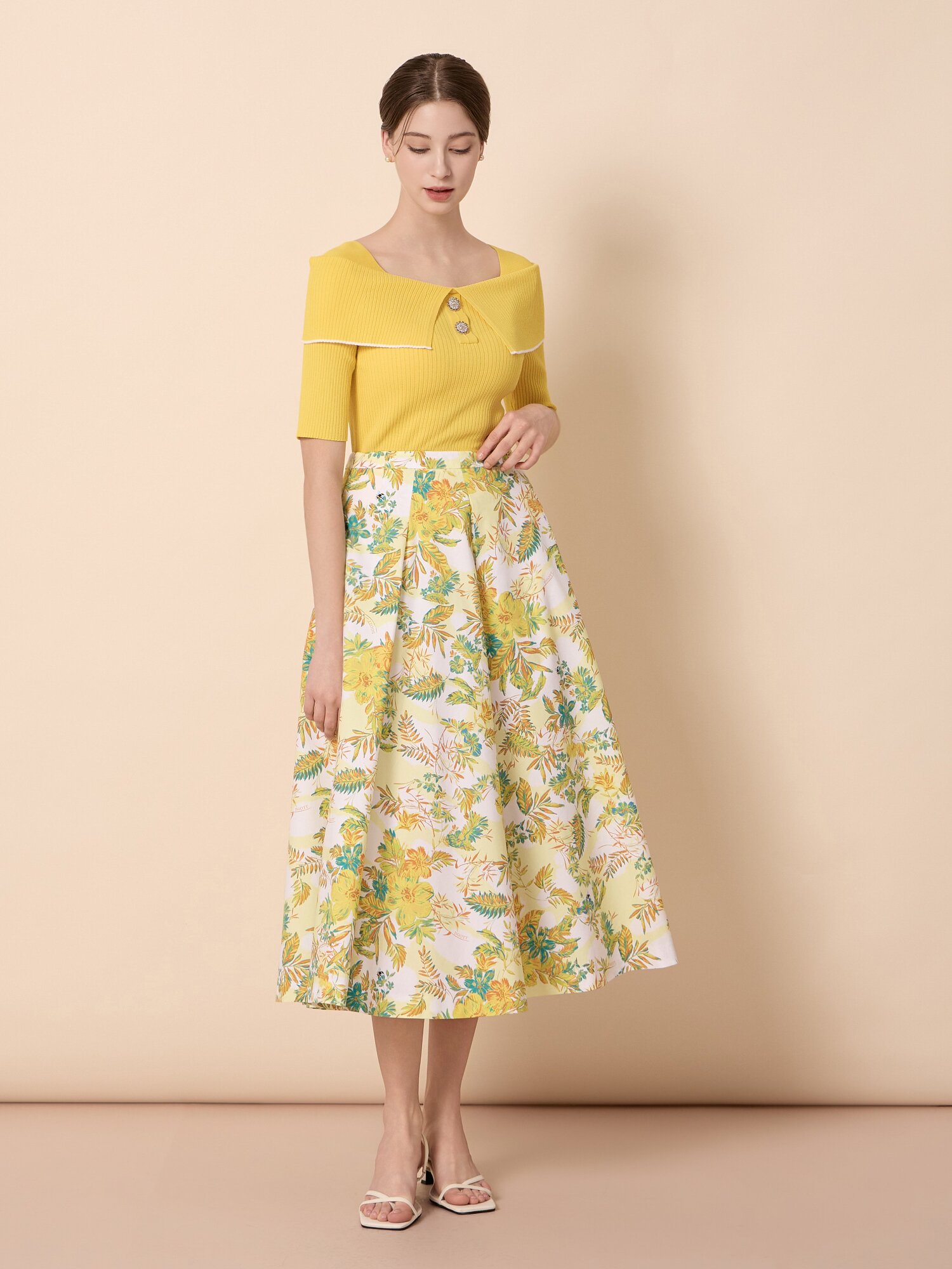 골지 오프 숄더 배색 풀오버 니트 (YELLOW)