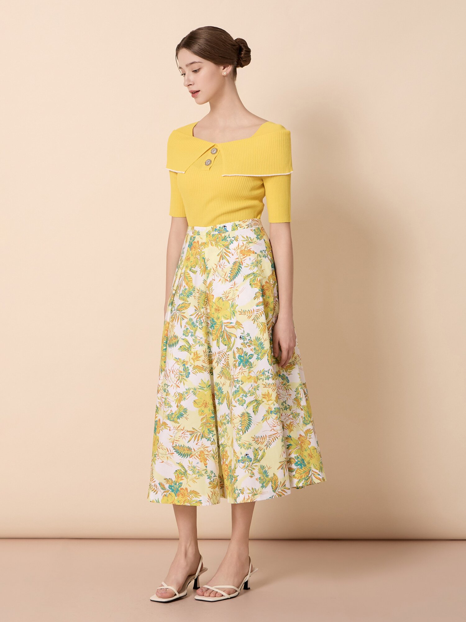 골지 오프 숄더 배색 풀오버 니트 (YELLOW)