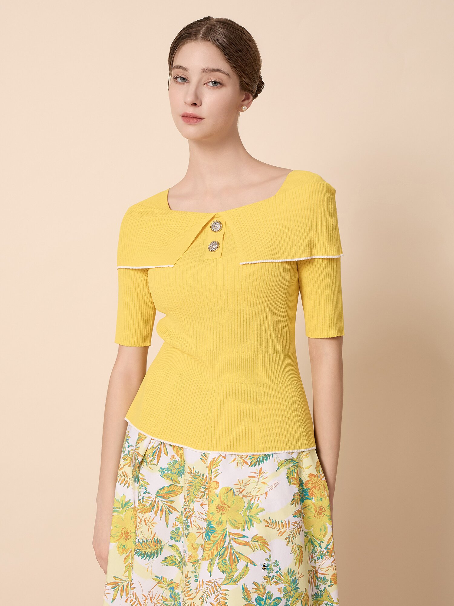 골지 오프 숄더 배색 풀오버 니트 (YELLOW)