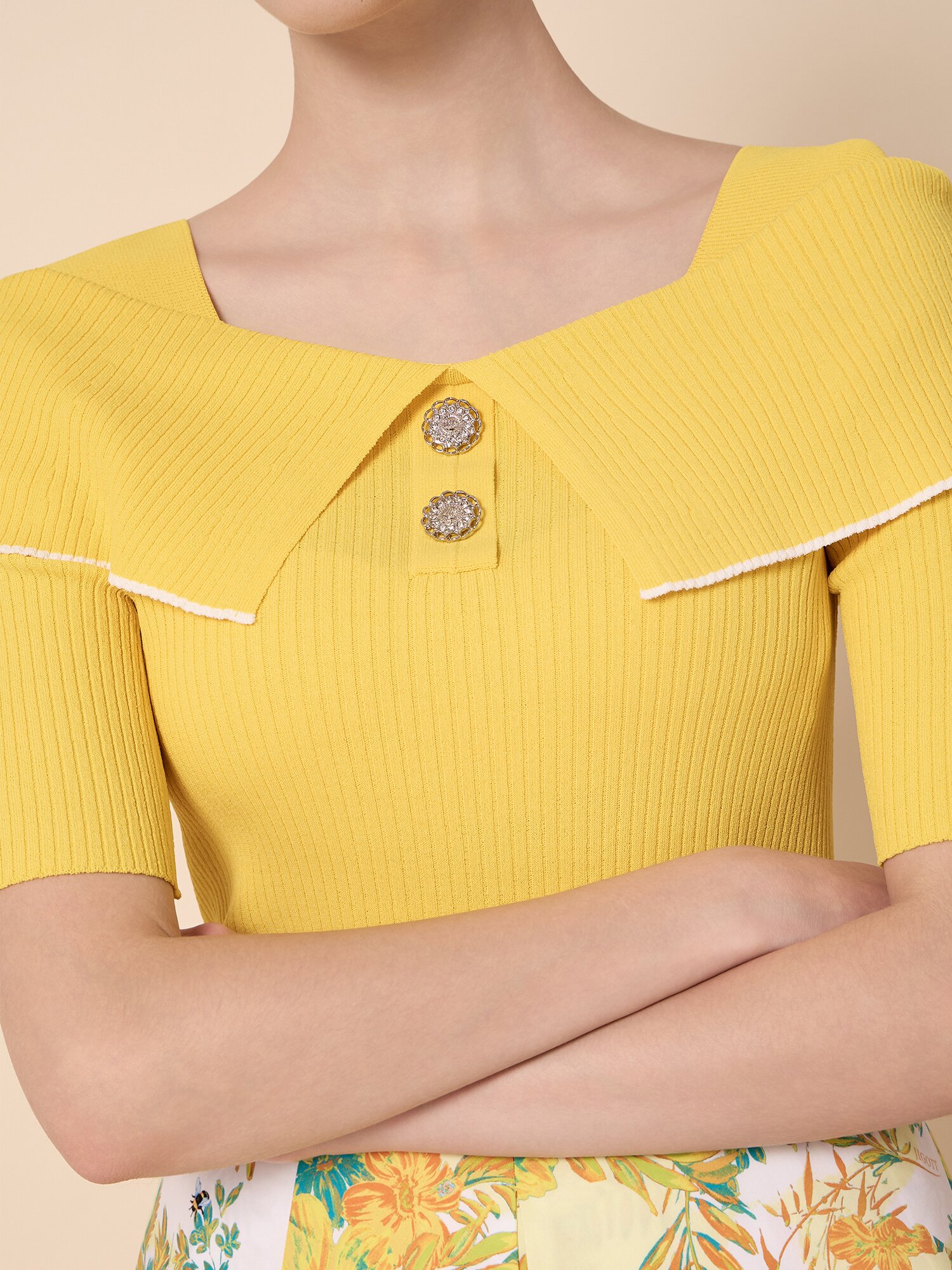 골지 오프 숄더 배색 풀오버 니트 (YELLOW)