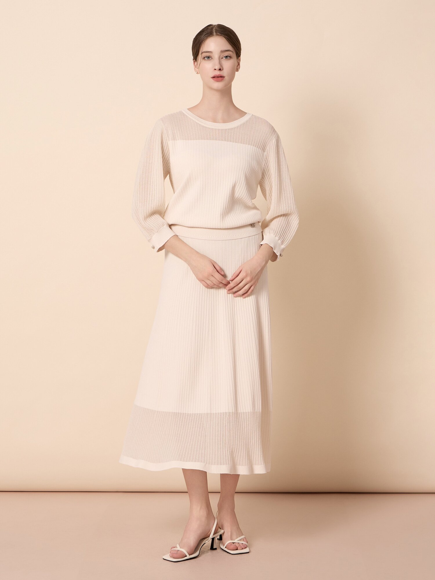 니트 플레어 밴딩 롱 스커트 (BEIGE)