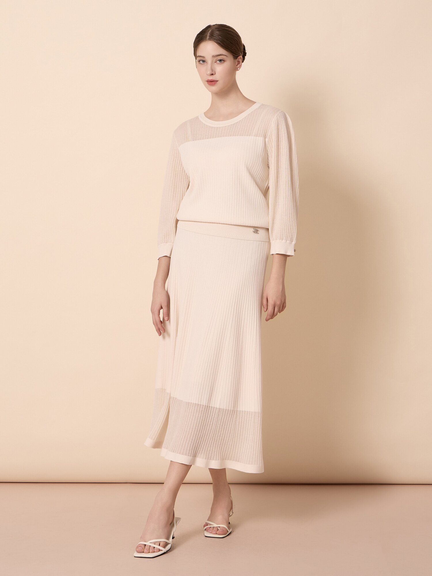 니트 플레어 밴딩 롱 스커트 (BEIGE)