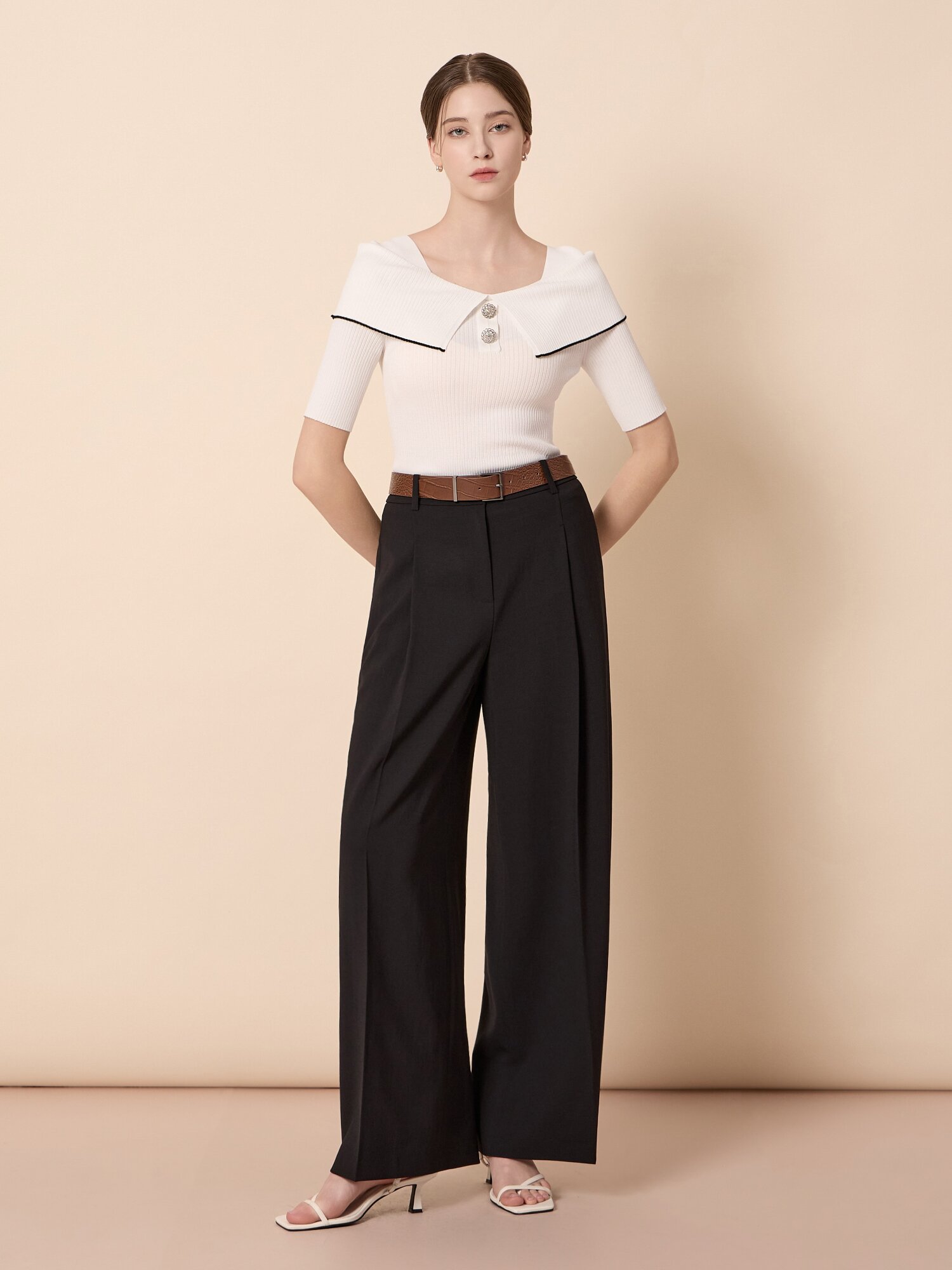 벨티드 원 턱 와이드 슬랙스 (BLACK)