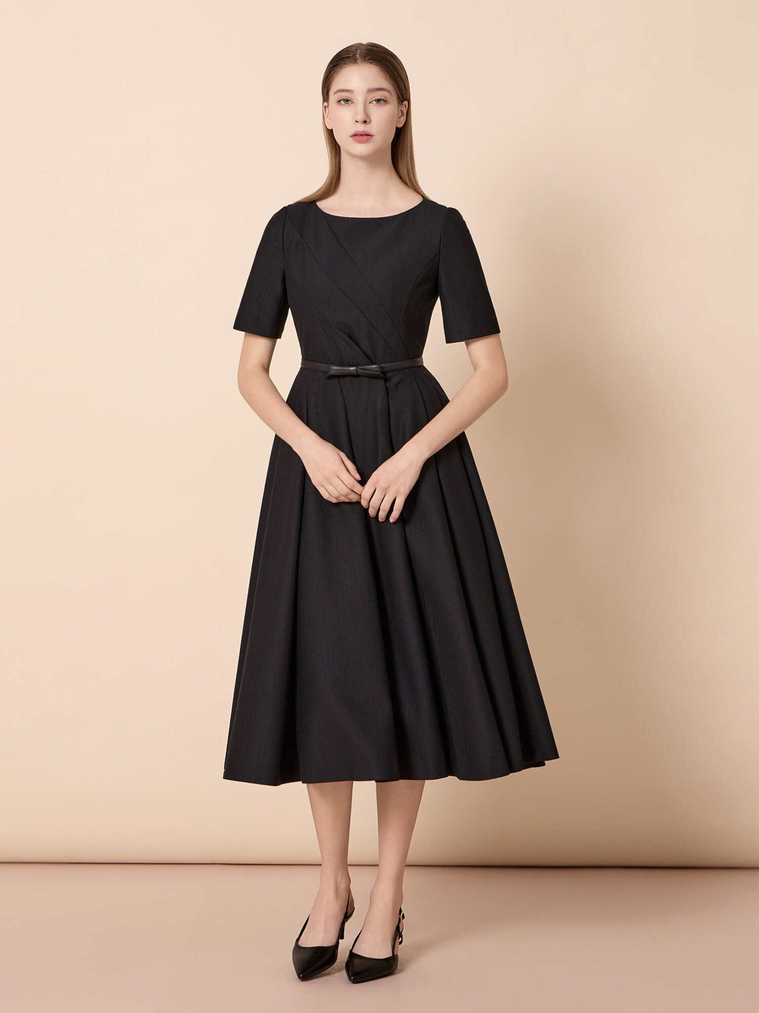 스퀘어넥 벨트 세트 롱 원피스 (BLACK)