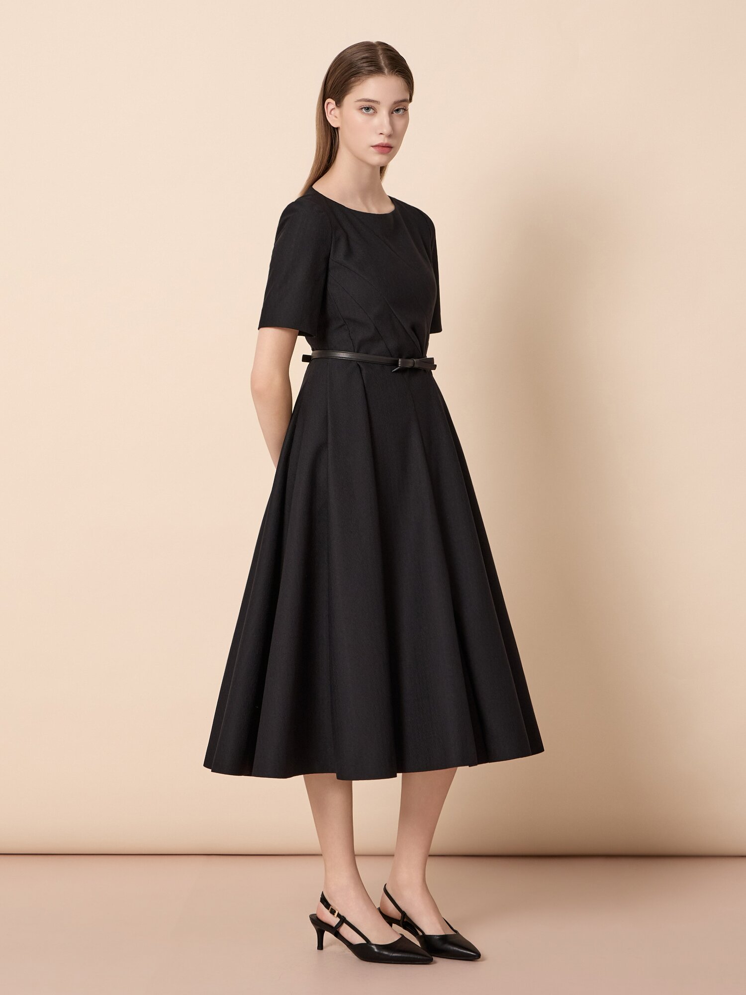 스퀘어넥 벨트 세트 롱 원피스 (BLACK)