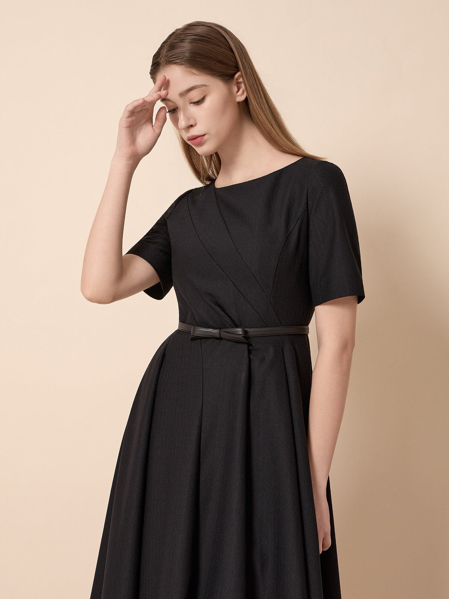 스퀘어넥 벨트 세트 롱 원피스 (BLACK)