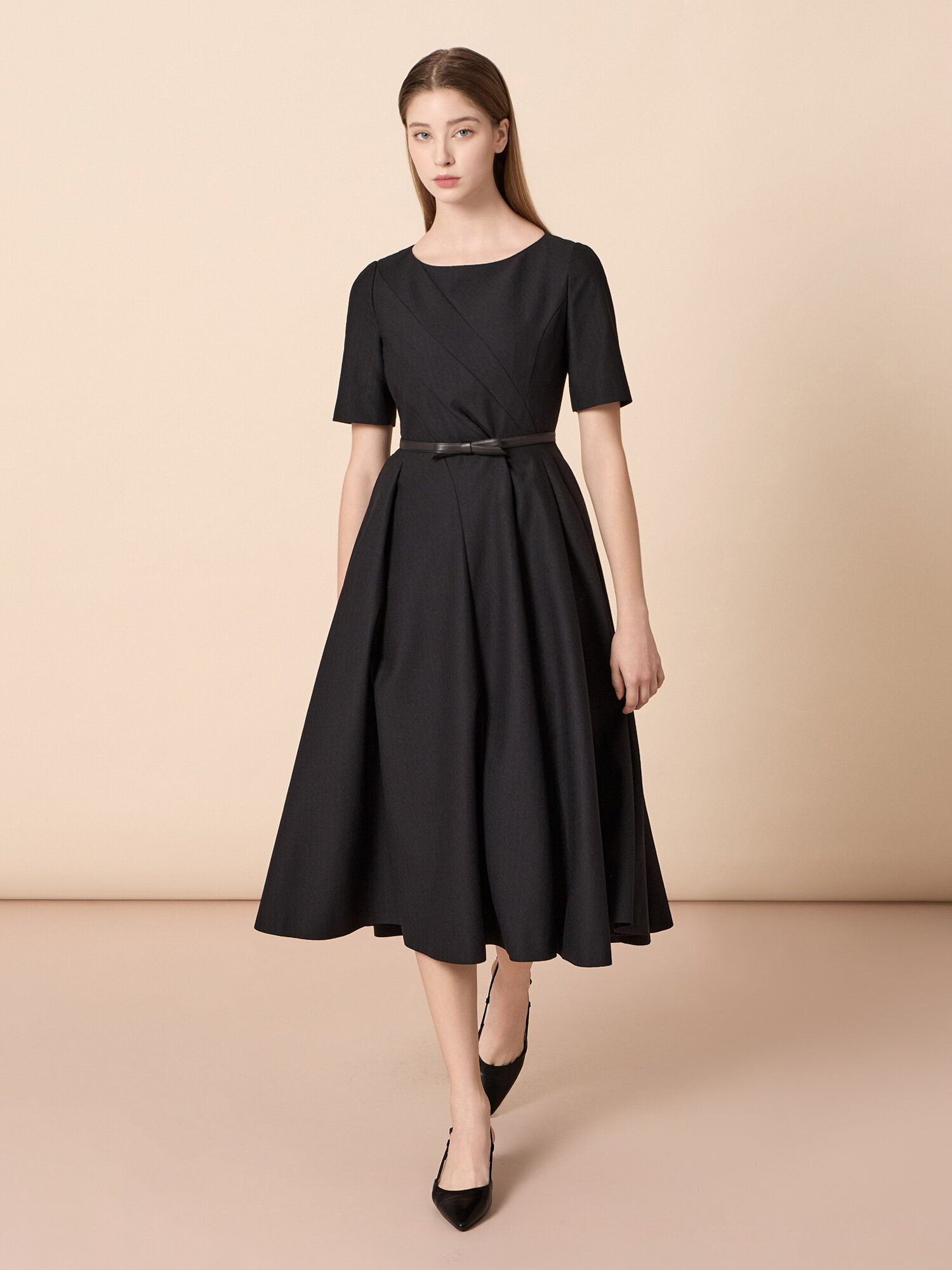 스퀘어넥 벨트 세트 롱 원피스 (BLACK)