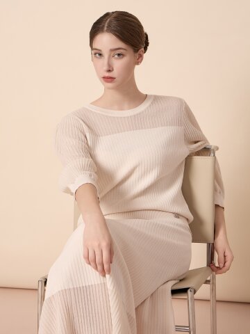 배색 라운드넥 미디 슬리브 니트 