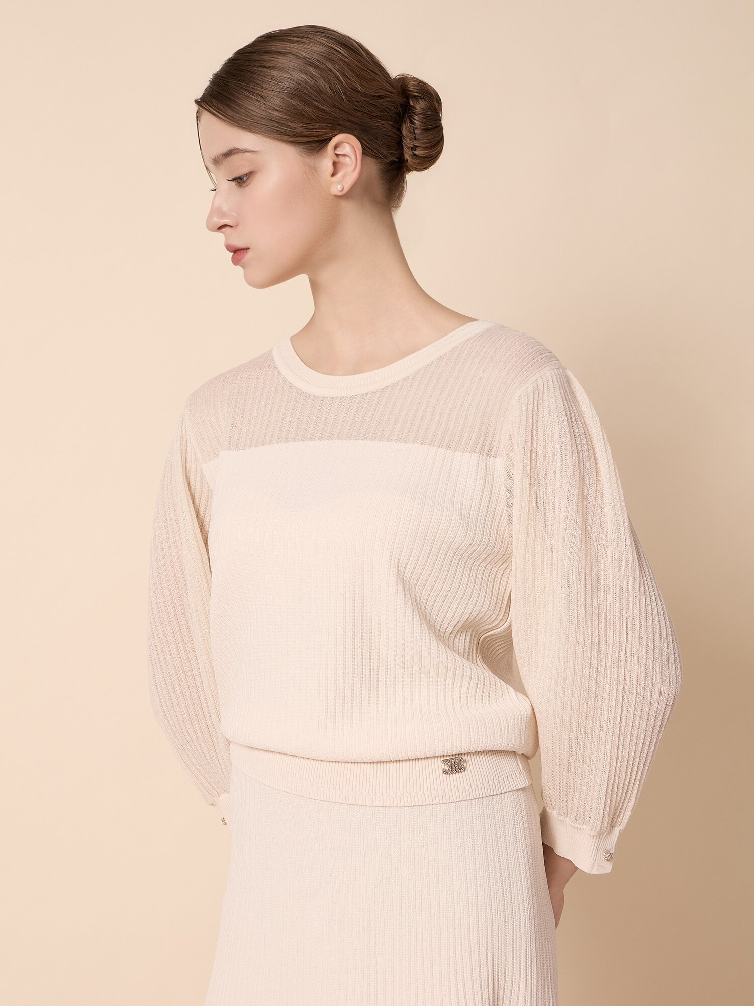 배색 라운드넥 미디 슬리브 니트 (BEIGE)