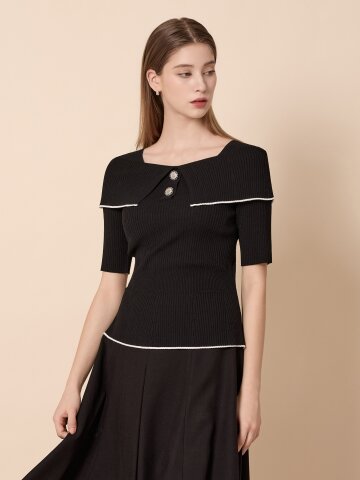 골지 오프 숄더 배색 풀오버 니트 