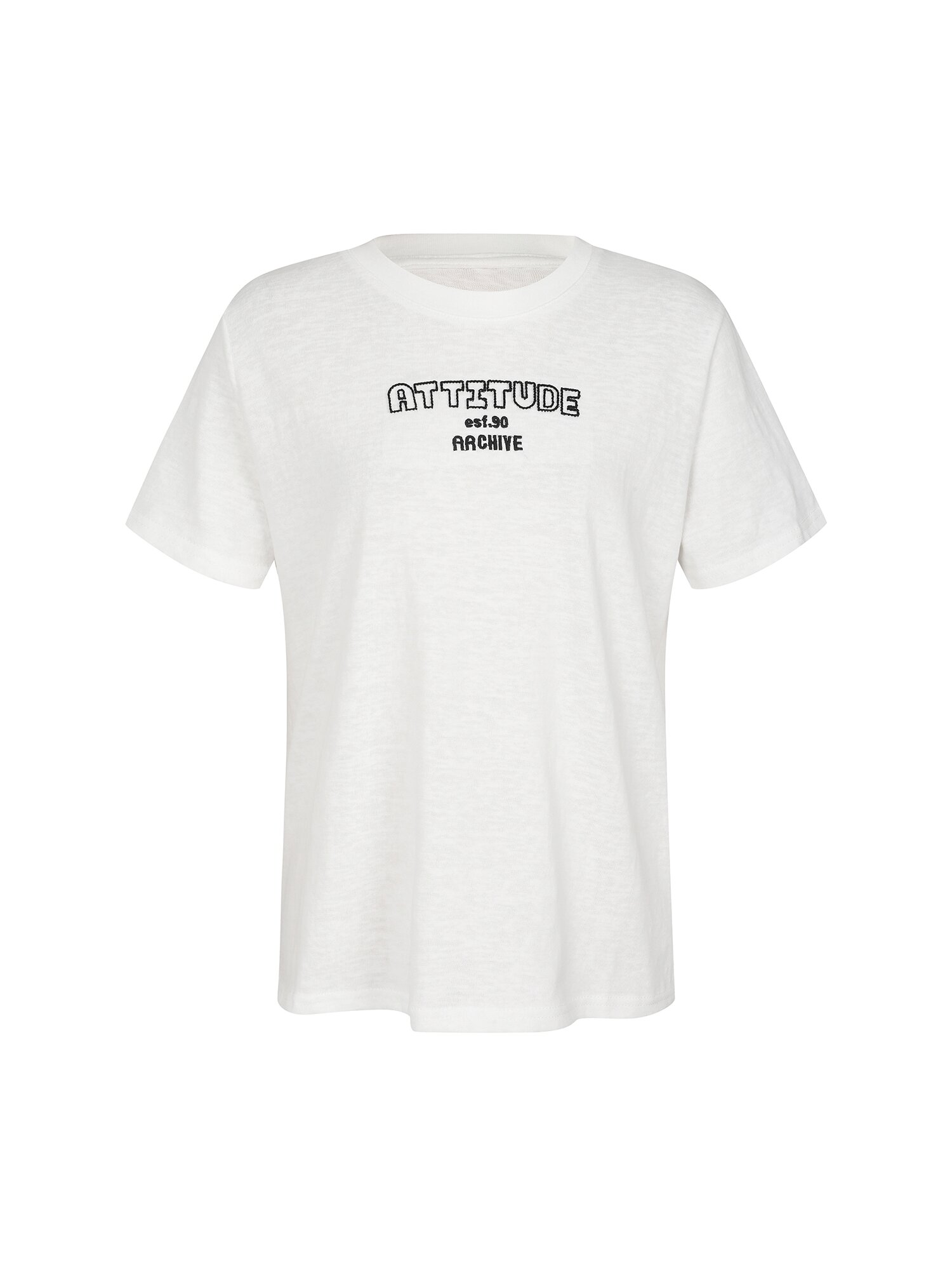 코튼 블렌드 자수 라운드넥 티셔츠 (WHITE)