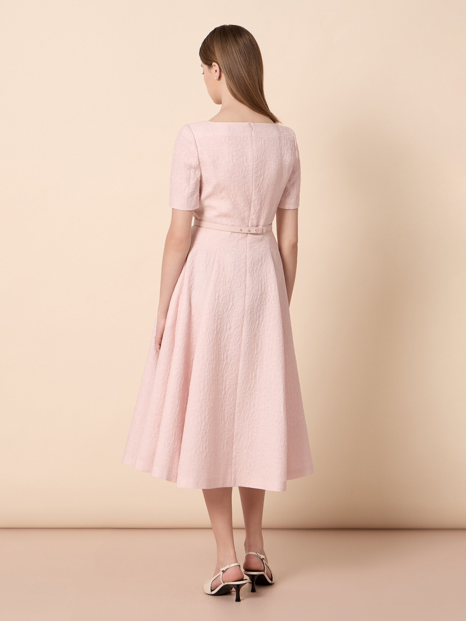 하트넥 하프 슬리브 A라인 원피스  (LIGHT PINK)