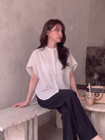 시어서커 밴드 칼라 블라우스 
