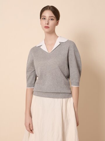 카라 배색 브이넥 풀오버 니트 