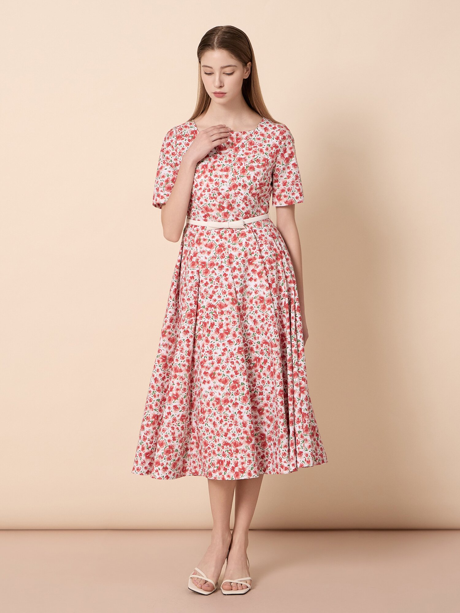 스퀘어넥 벨트 세트 롱 원피스 (PRINT RED)