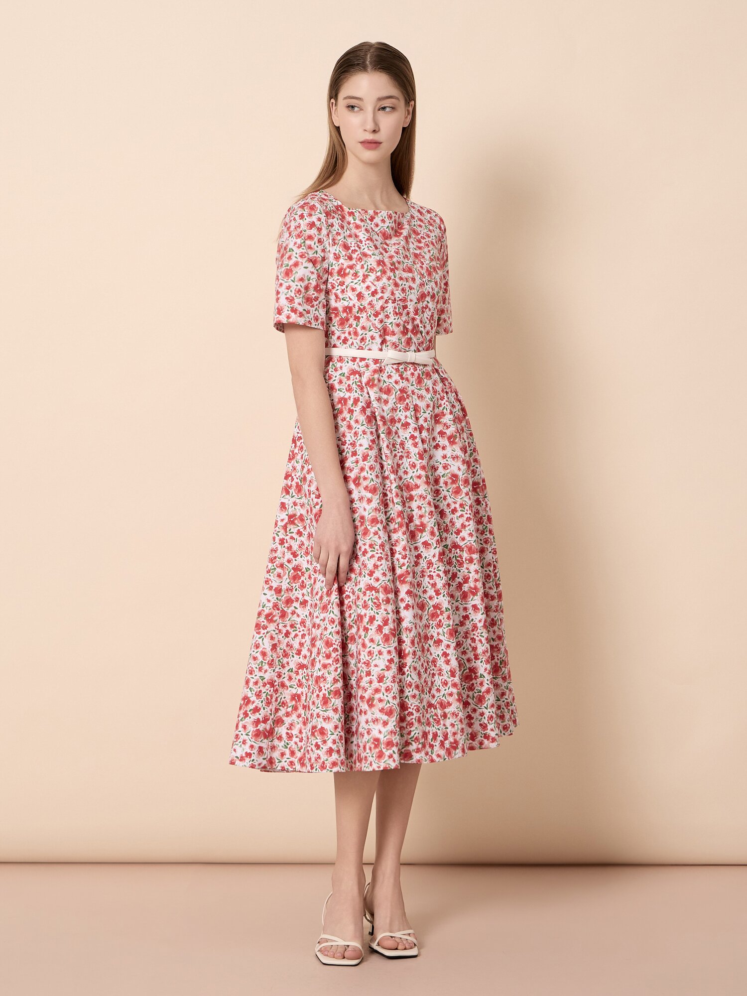 스퀘어넥 벨트 세트 롱 원피스 (PRINT RED)