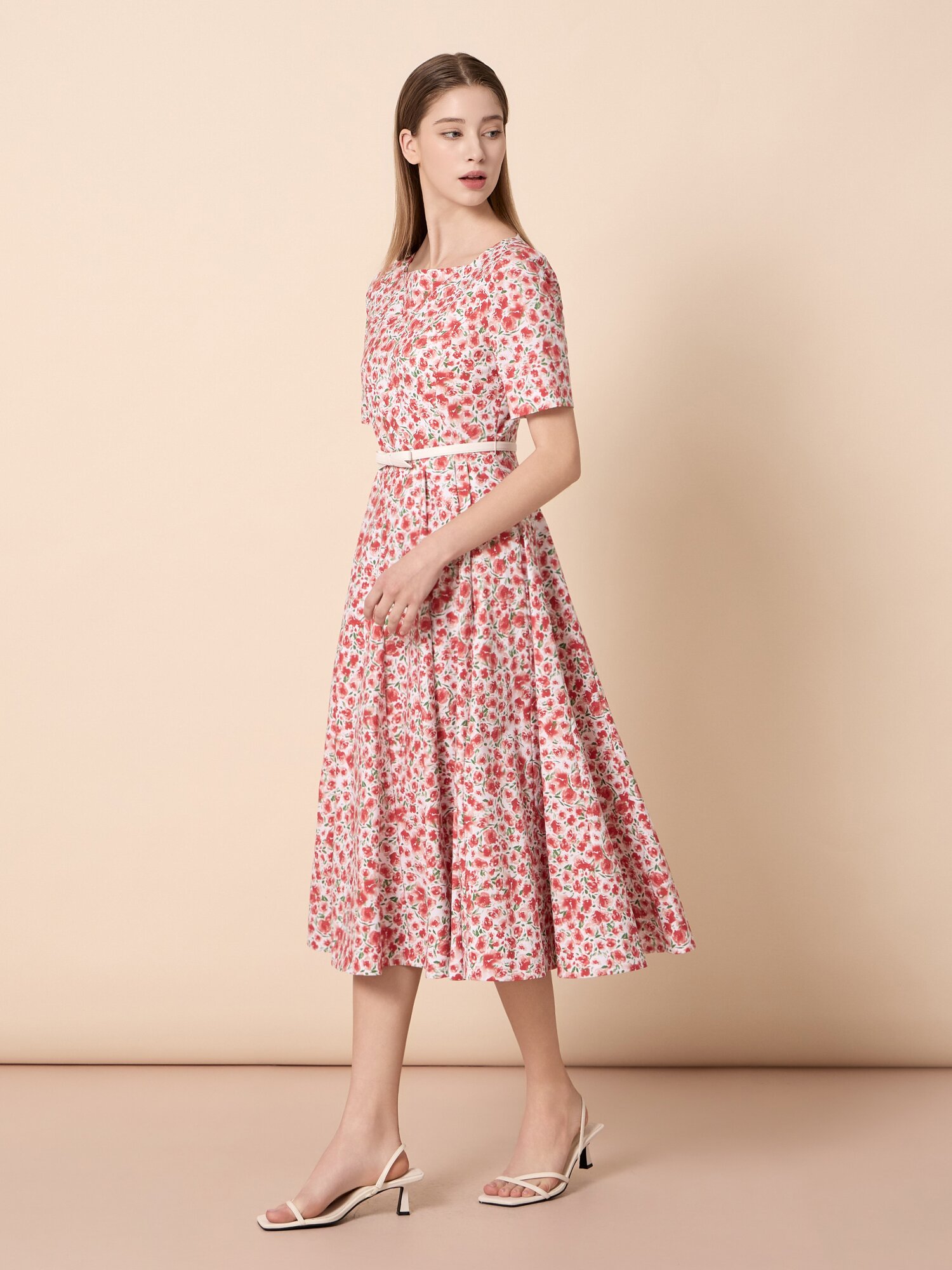 스퀘어넥 벨트 세트 롱 원피스 (PRINT RED)