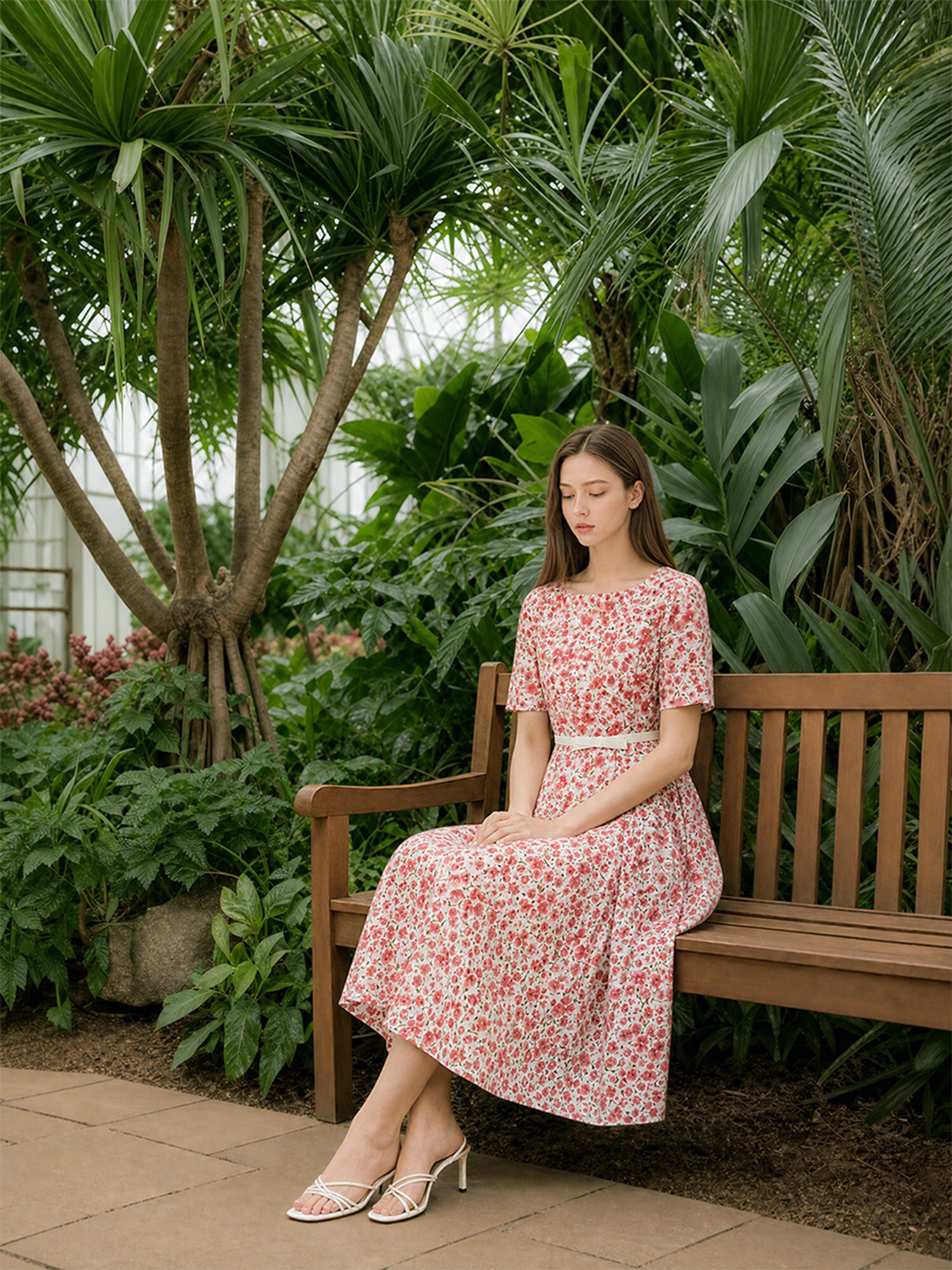 스퀘어넥 벨트 세트 롱 원피스 (PRINT RED)