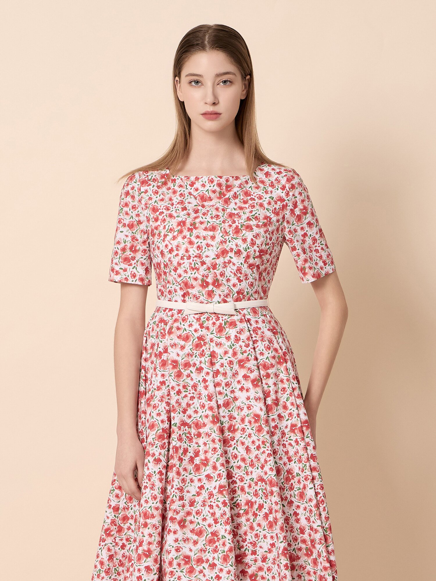 스퀘어넥 벨트 세트 롱 원피스 (PRINT RED)