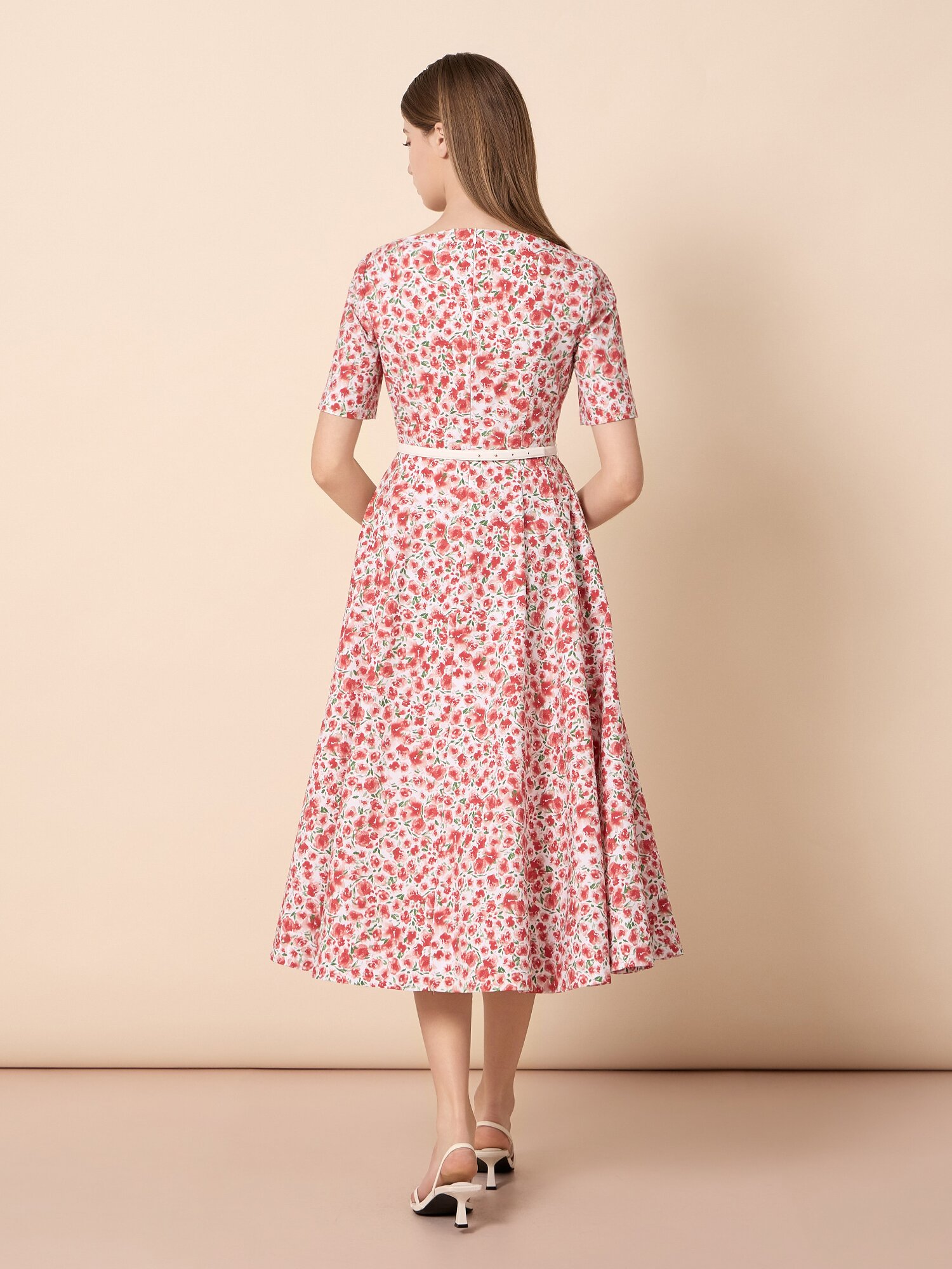 스퀘어넥 벨트 세트 롱 원피스 (PRINT RED)