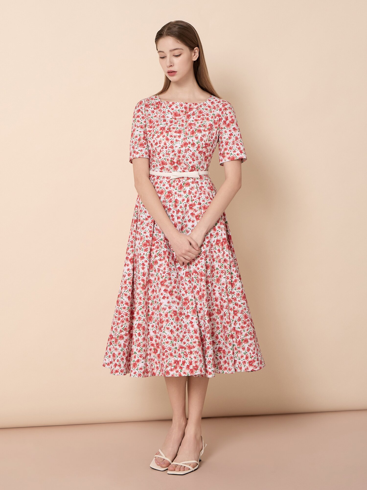 스퀘어넥 벨트 세트 롱 원피스 (PRINT RED)