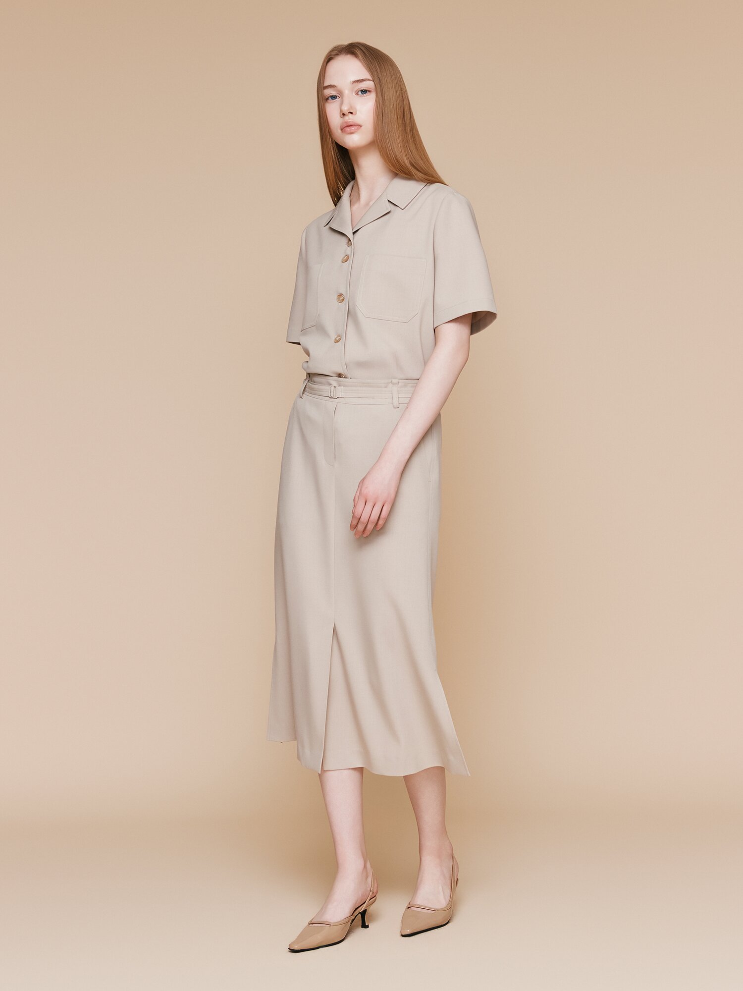 슬릿 백 밴딩 머메이드 스커트 (BEIGE)