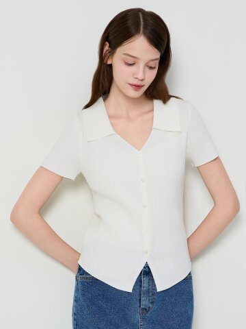 린넨 버튼 장식 브이 칼라 니트 
