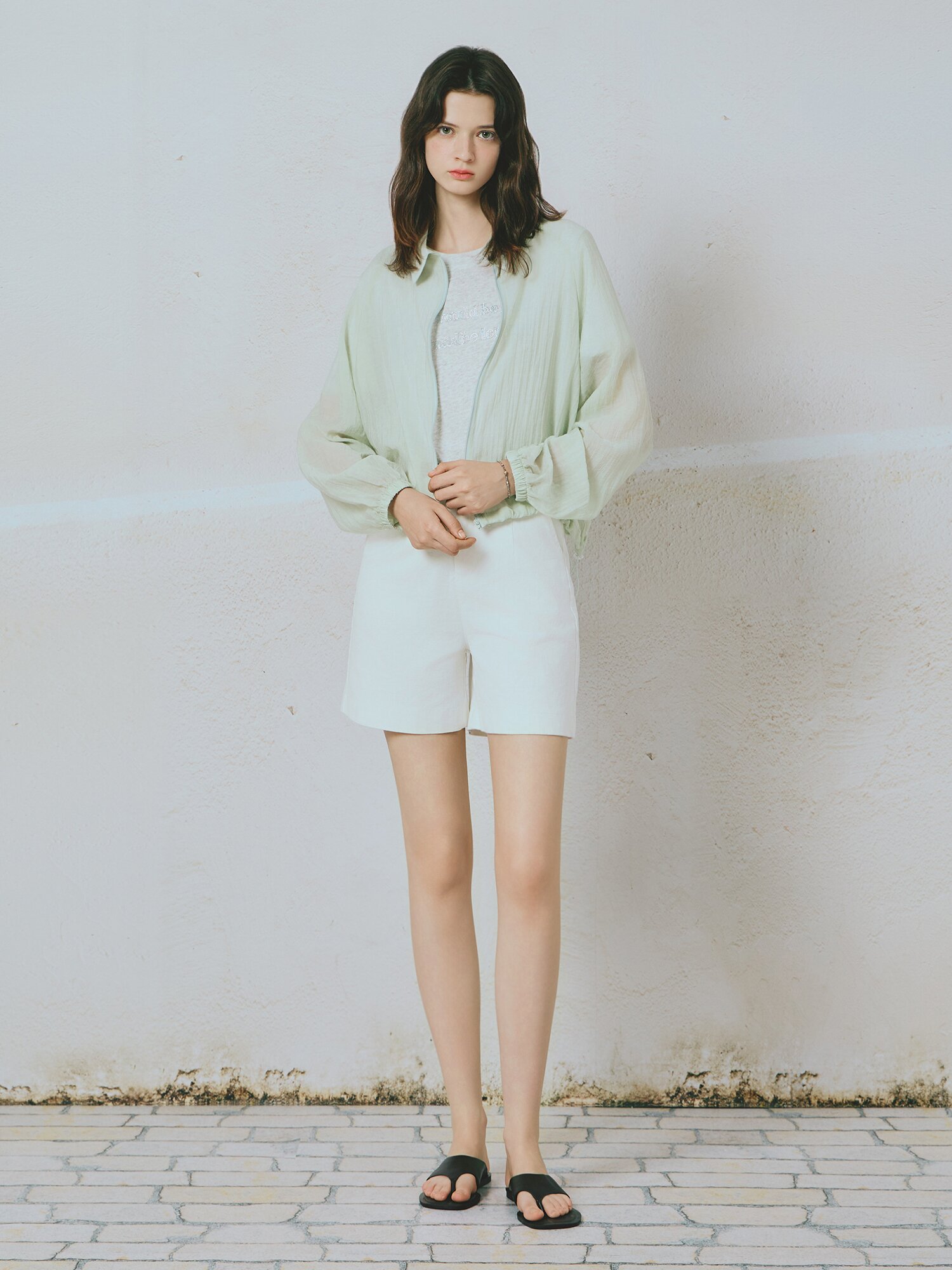 카라넥 린넨 라이크 집업 점퍼 (MINT)