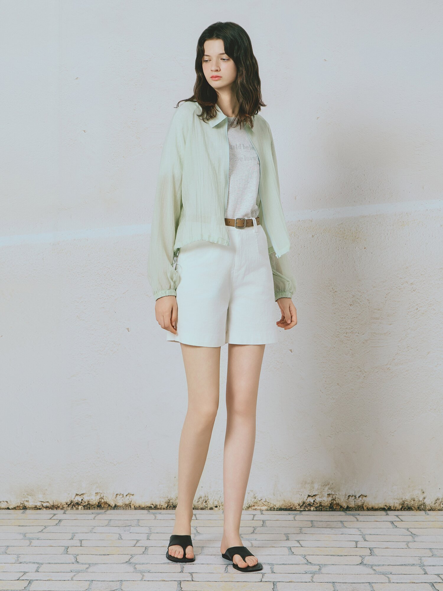 카라넥 린넨 라이크 집업 점퍼 (MINT)