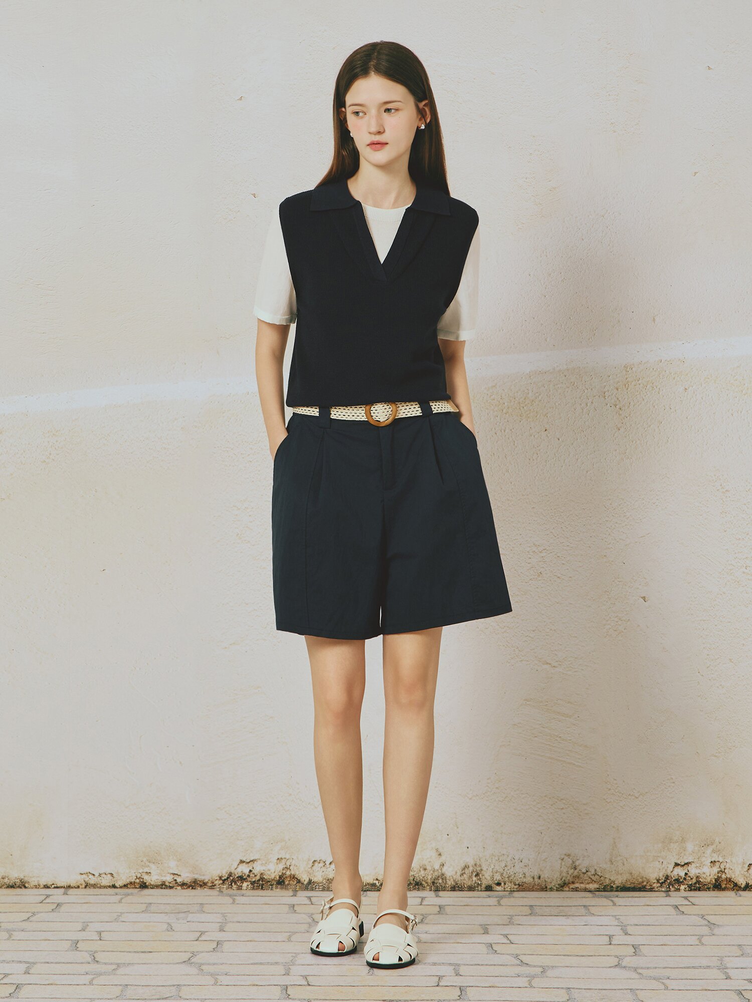 라탄 벨티드 원 턱 숏 팬츠 (NAVY)