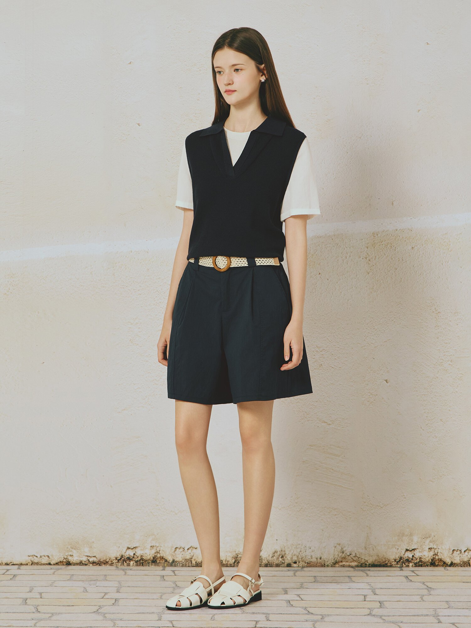 라탄 벨티드 원 턱 숏 팬츠 (NAVY)