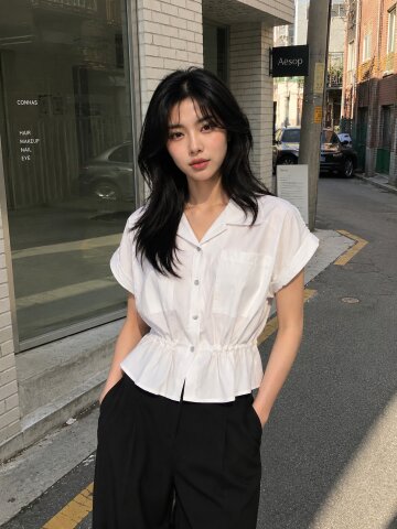 크링클 오픈 셔츠 칼라 블라우스 (WHITE)