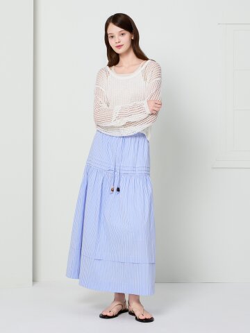 스트라이프 핀턱 플레어 스커트 