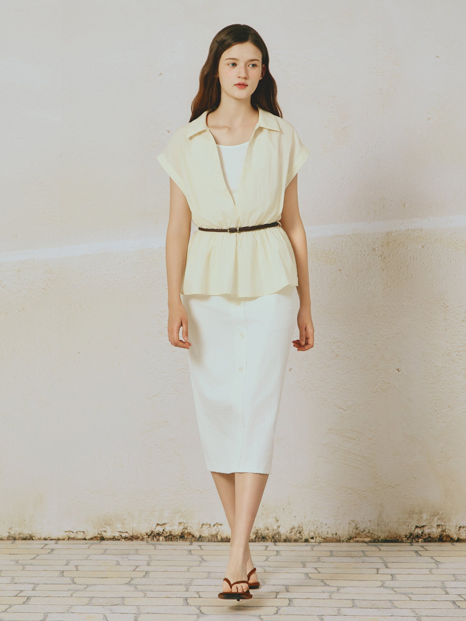 버튼 포인트 H라인 스커트 (IVORY)