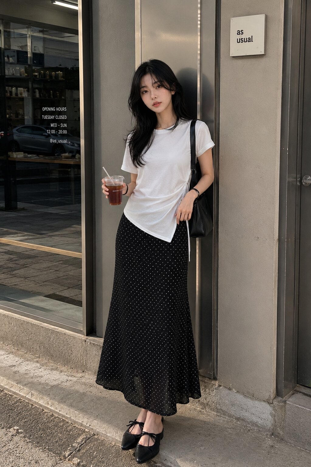 도트 패턴 플레어 밴딩 스커트 (BLACK)