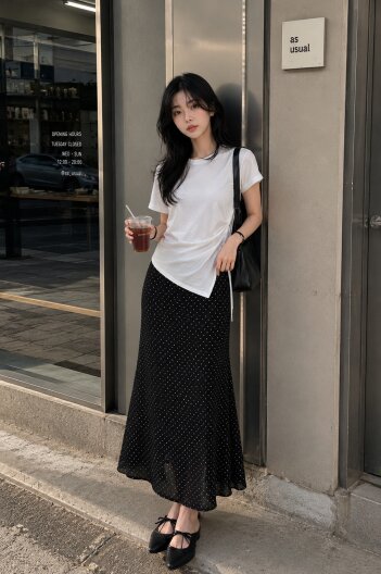 도트 패턴 플레어 밴딩 스커트 