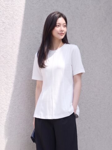 코튼 핀턱 라운드넥 티셔츠 