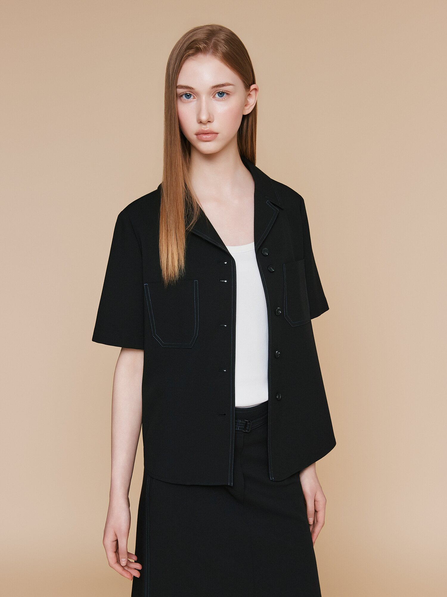 루즈핏 포켓 오픈 칼라 블라우스 (BLACK)
