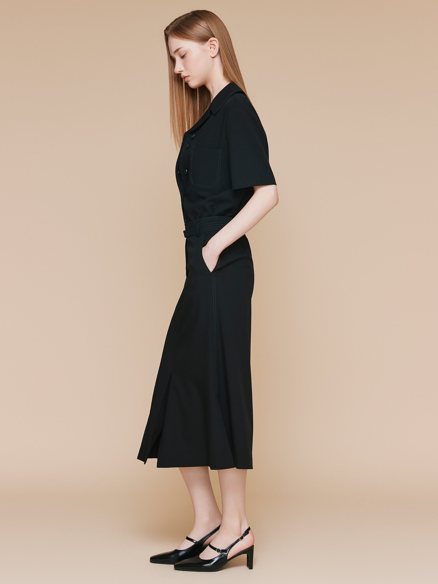 루즈핏 포켓 오픈 칼라 블라우스 (BLACK)