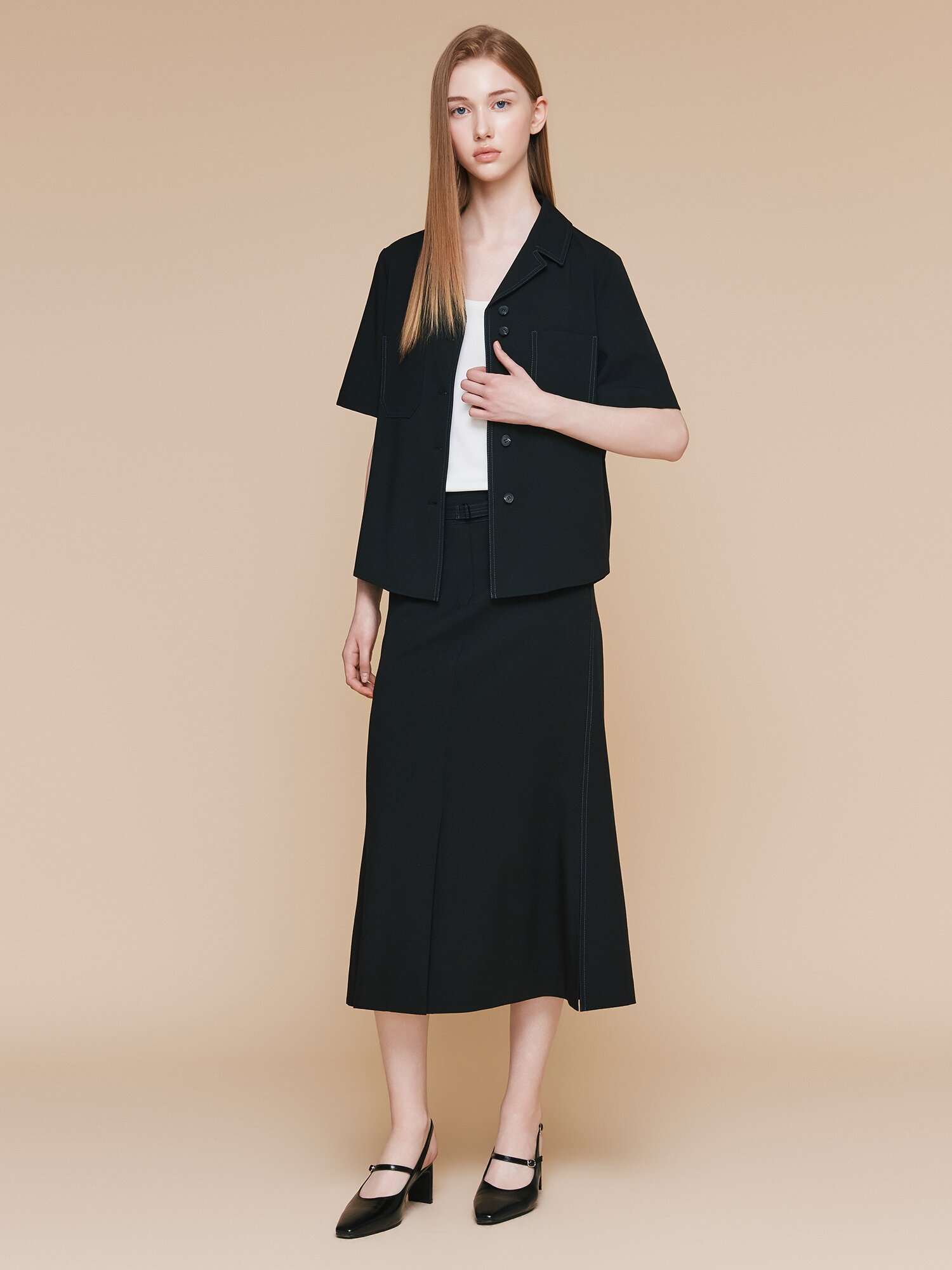루즈핏 포켓 오픈 칼라 블라우스 (BLACK)