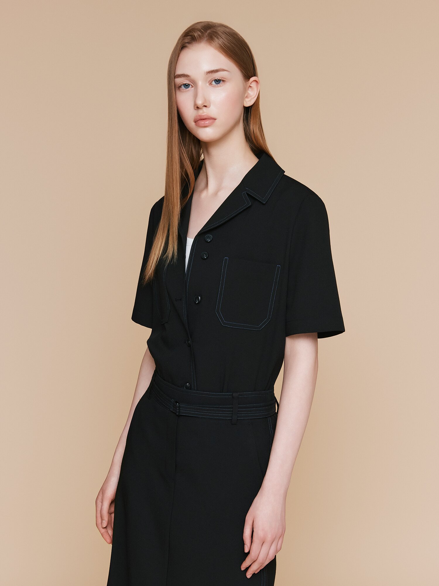 루즈핏 포켓 오픈 칼라 블라우스 (BLACK)