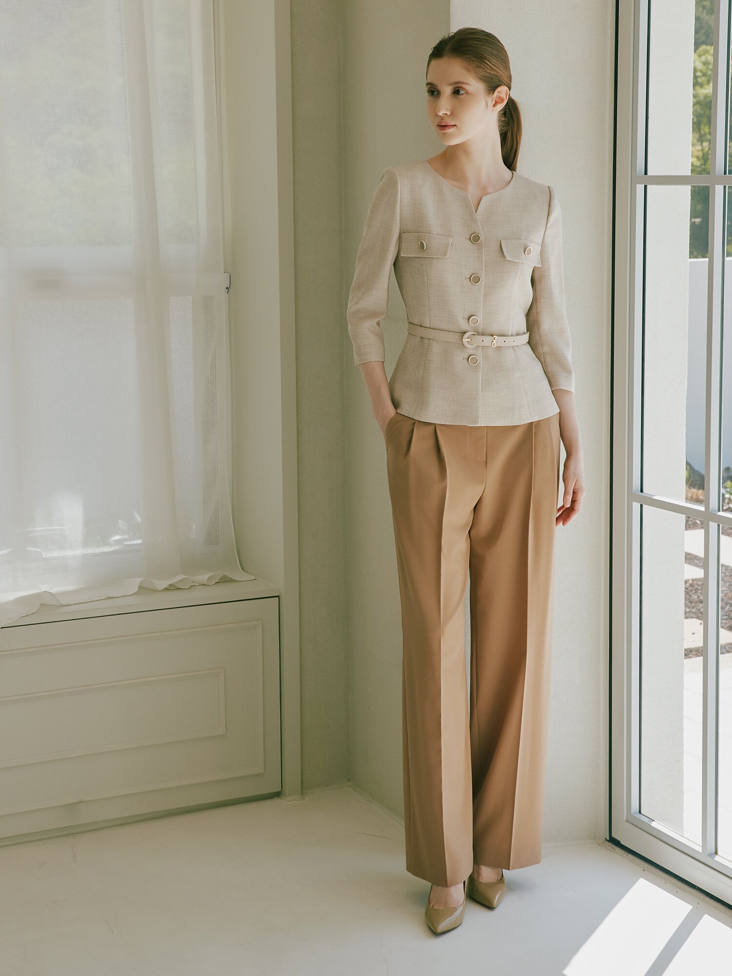 벨티드 투턱 와이드 팬츠 (DARK BEIGE)