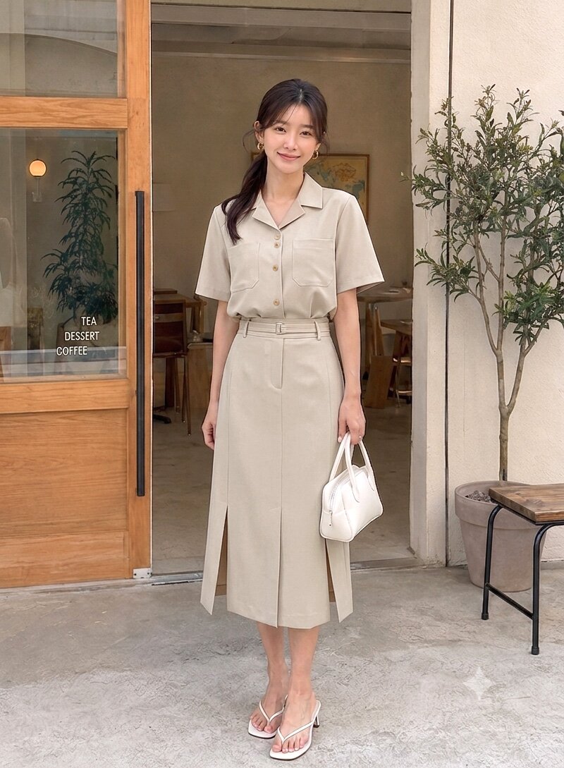 루즈핏 포켓 오픈 칼라 블라우스 (BEIGE)
