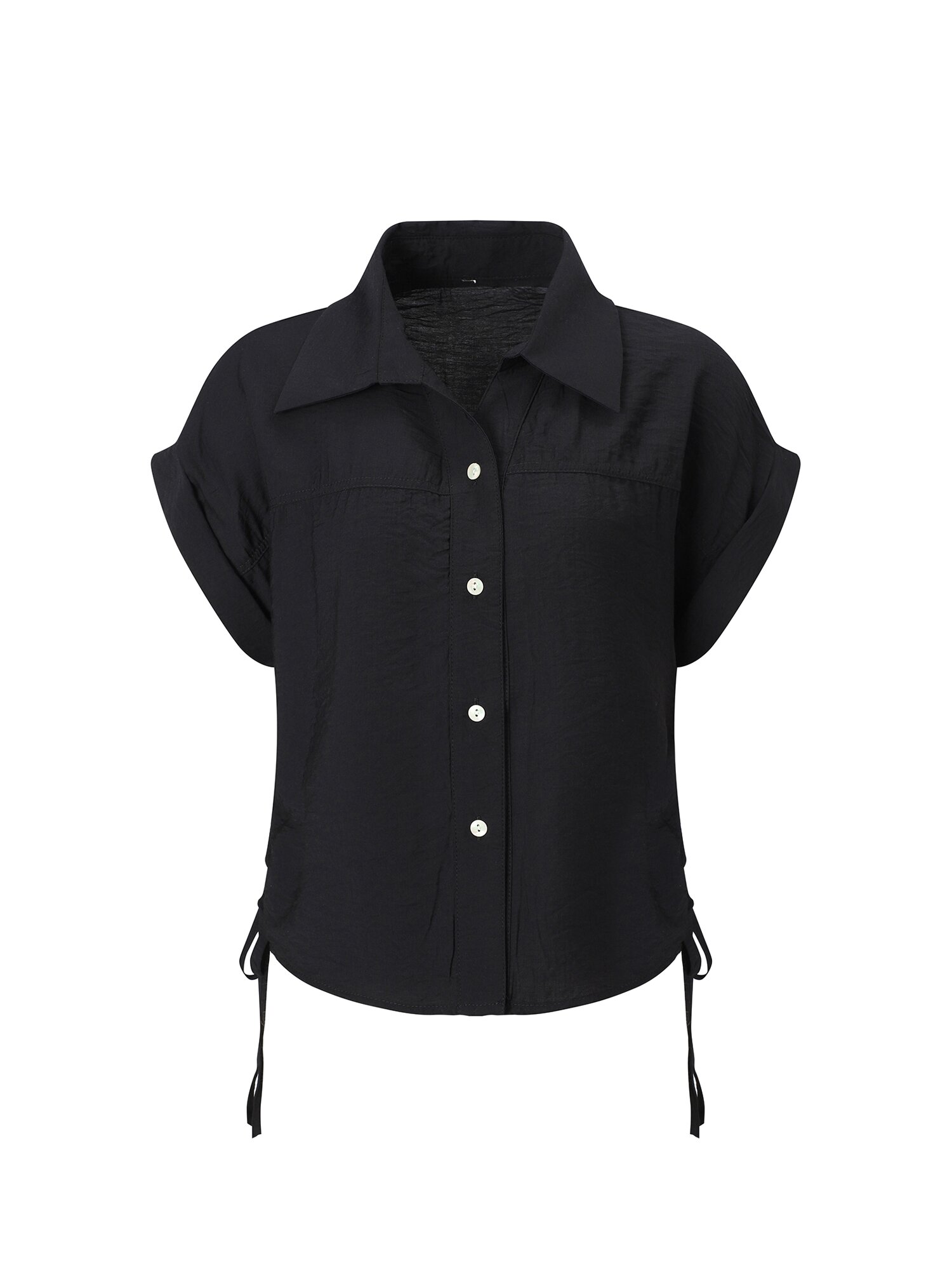 셔링 롤업 셔츠 칼라 블라우스 (BLACK)