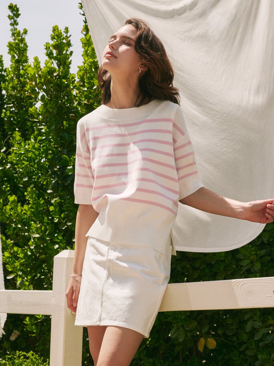 [3컬러] 반팔 스트라이프 라운드넥 니트