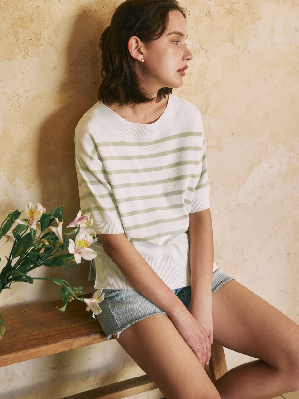 [3컬러] 반팔 스트라이프 라운드넥 니트