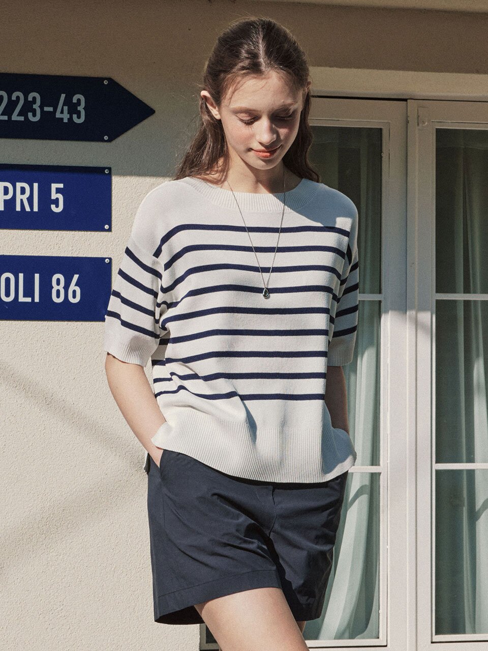 [3컬러] 반팔 스트라이프 라운드넥 니트