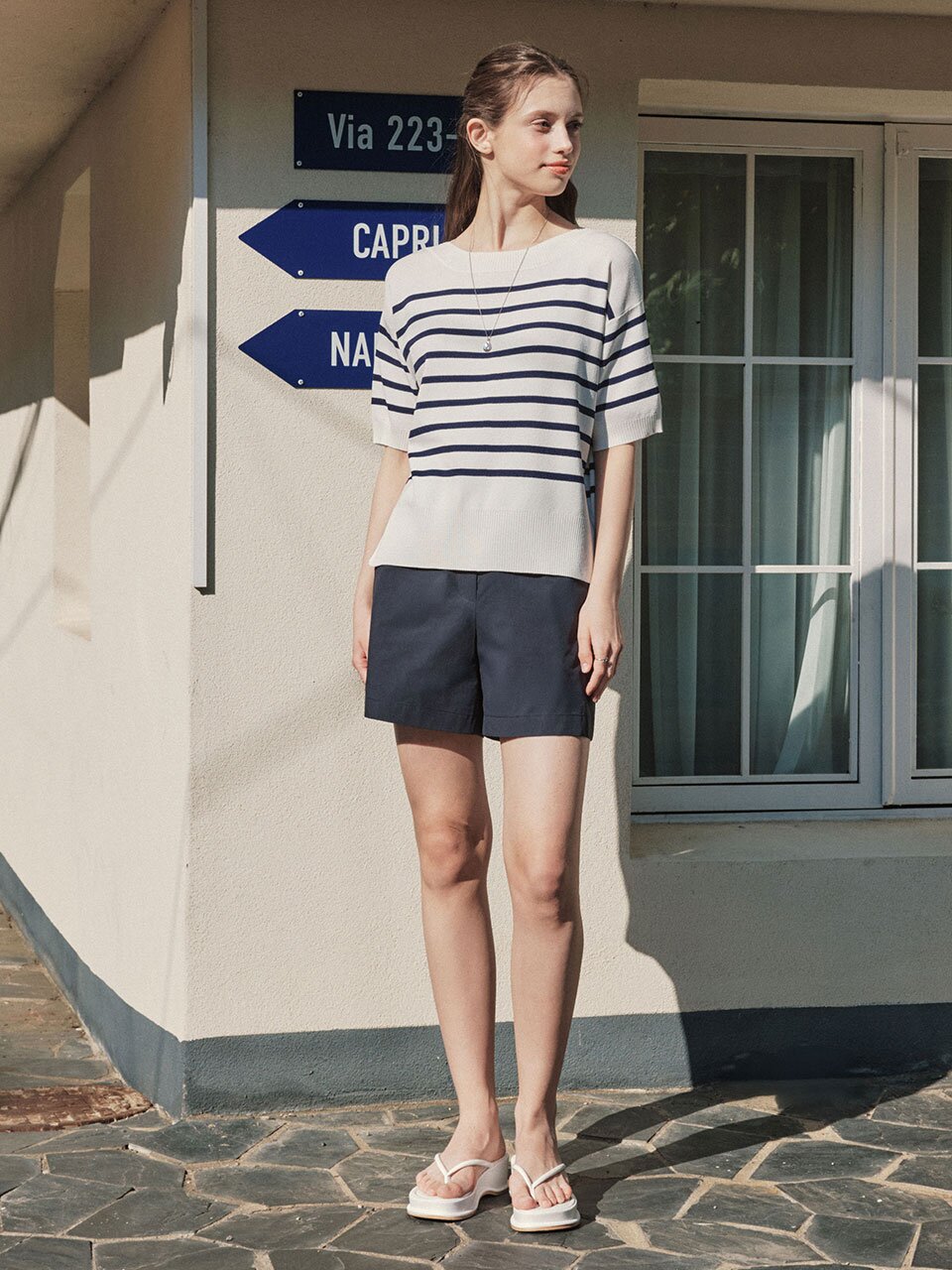 [3컬러] 반팔 스트라이프 라운드넥 니트