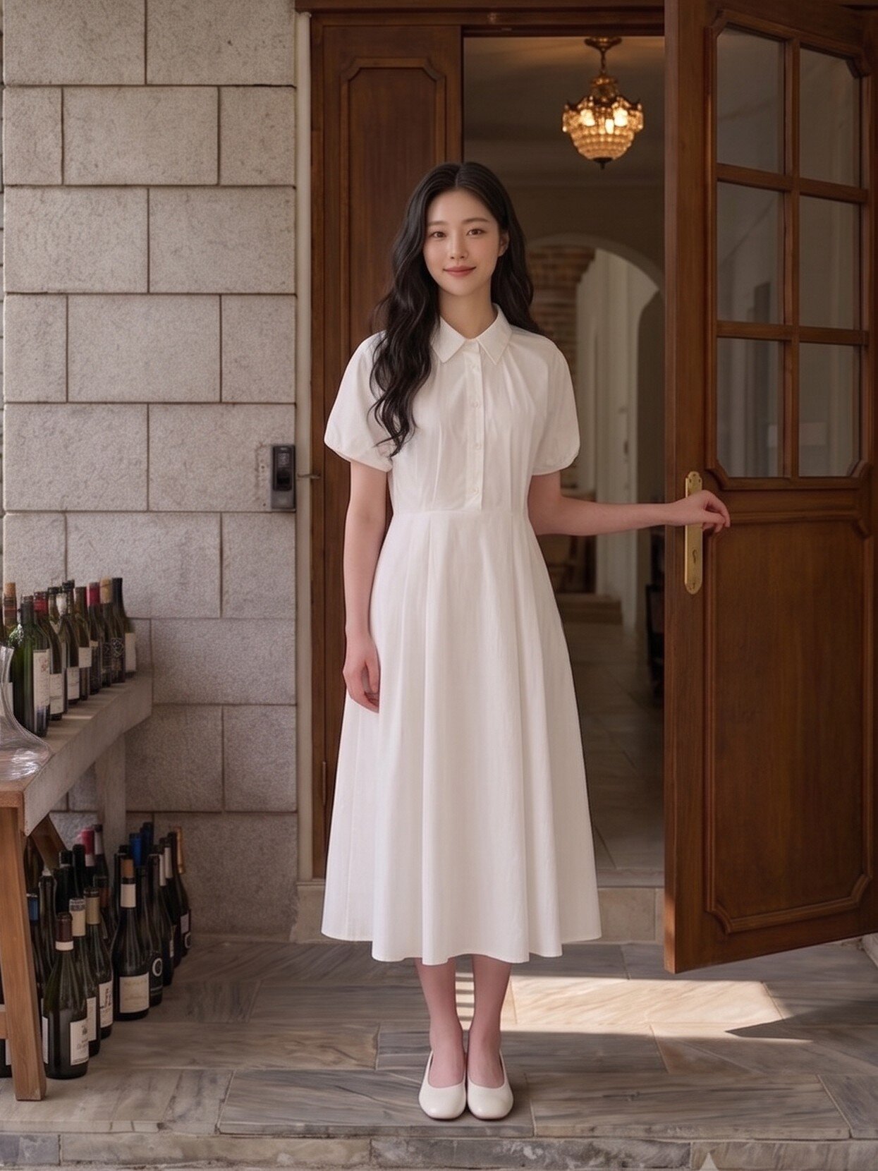 코튼 백 밴딩 플레어 셔츠 원피스 (WHITE)