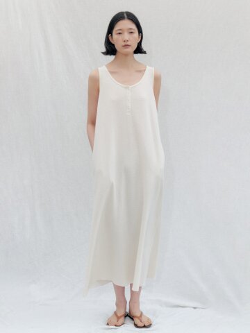 Waffle Jersey Henley Sleeveless Dress_CREAM